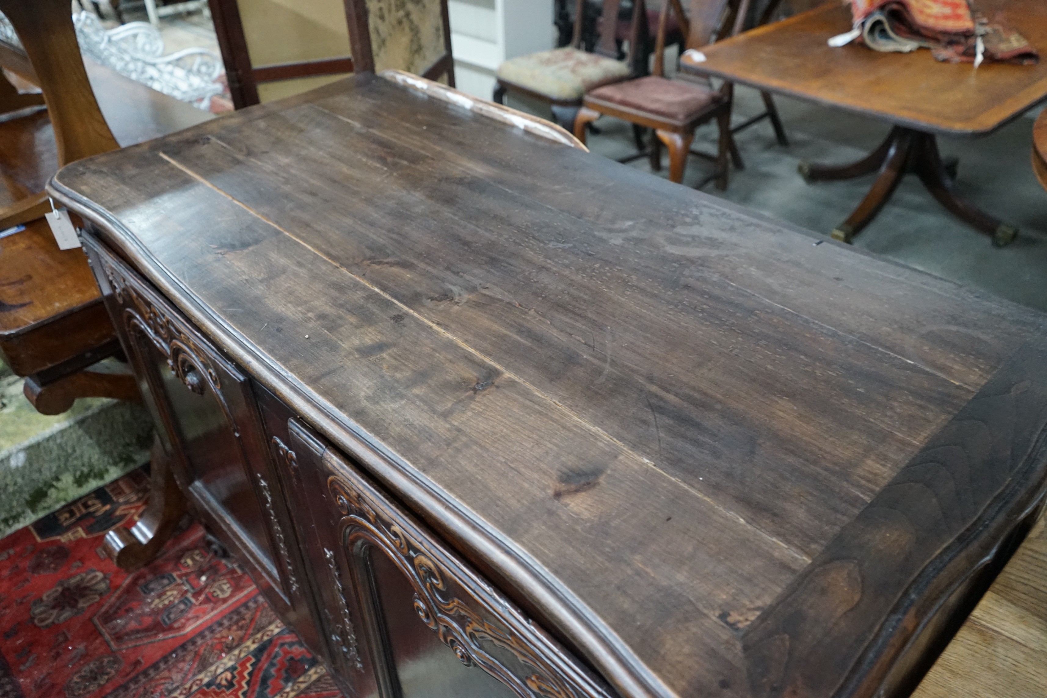 An 18th century style French two door side cabinet, width 148cm, depth 69cm, height 100cm